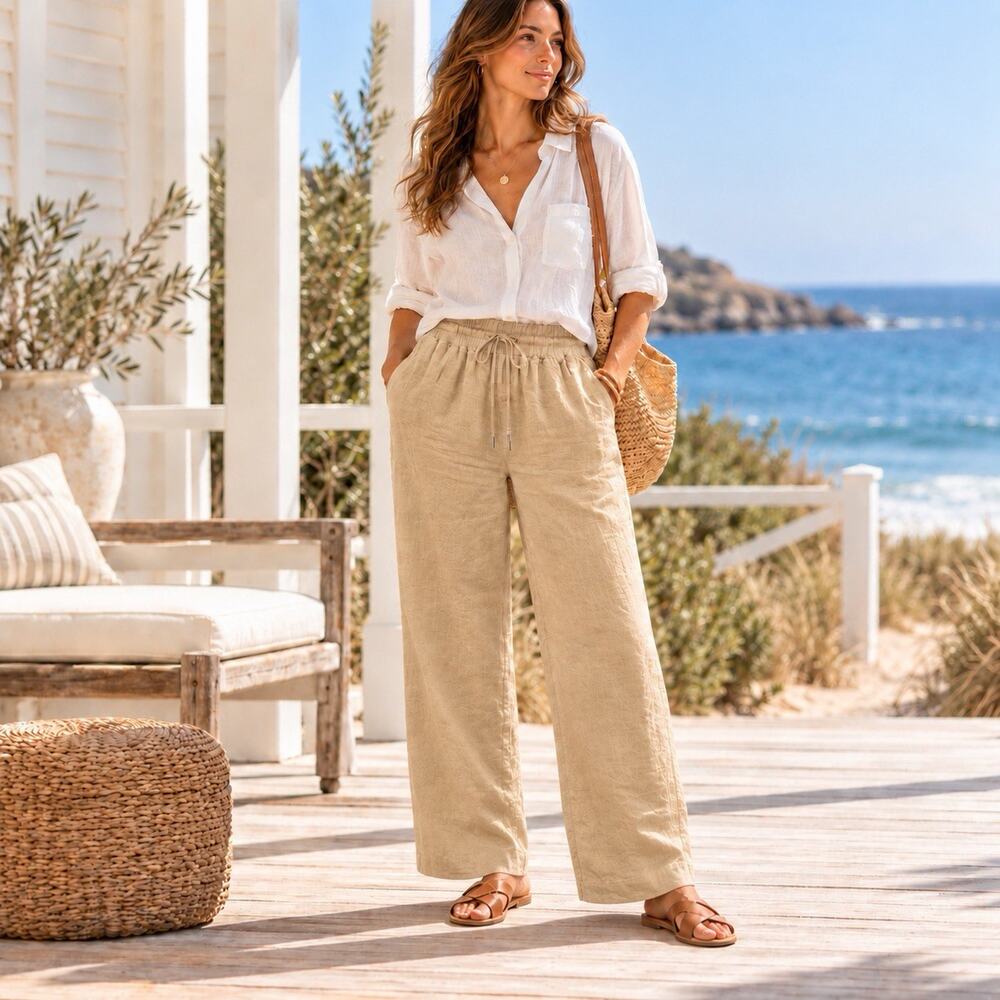 Quince 100% European Linen Wide Leg Pants M Beige Drawstring NWT Coastal Capsule